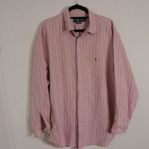 Ralph Lauren Mens Button Down Shirt 17.5 34/35 Pink Striped Classic Fit Preppy